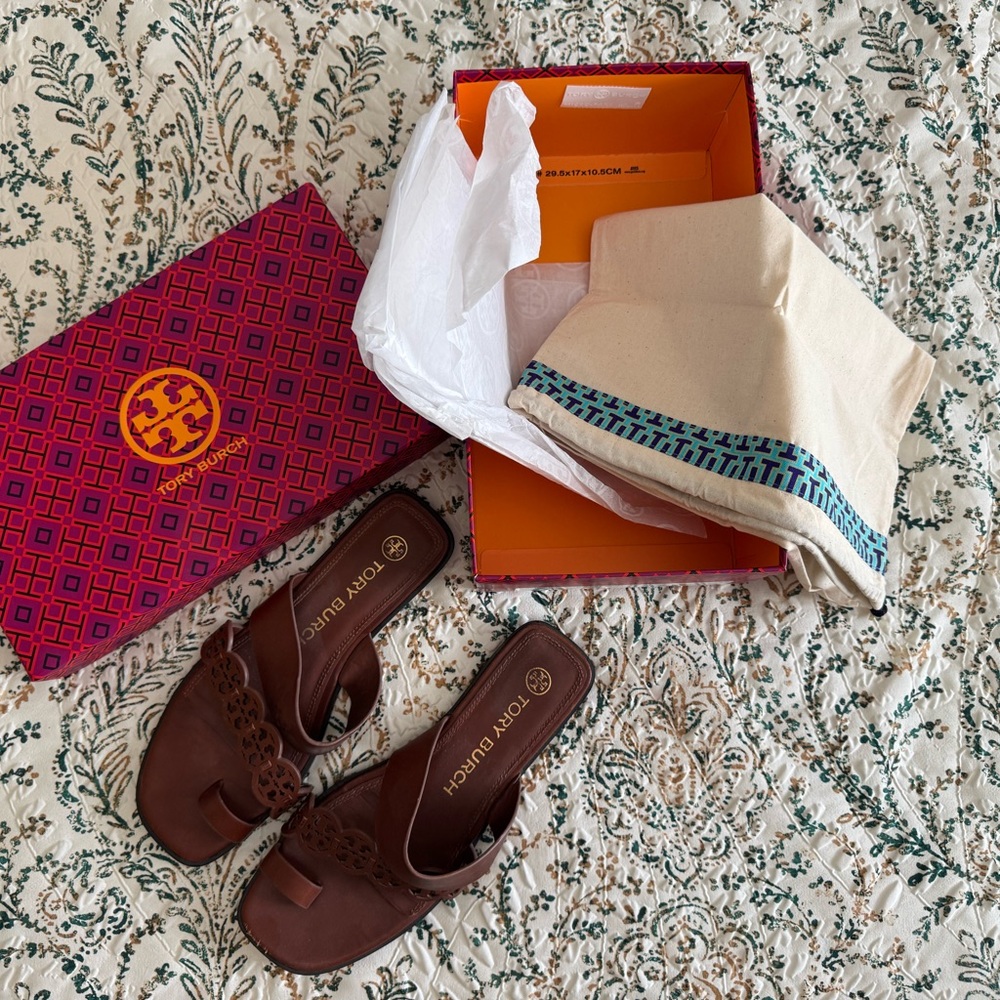 Tory Burch Burnt Cuoio Leather Slides